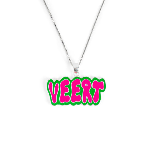 VEERT - Green and Pink Retro Logo Pendant with Chain in Yellow Gold