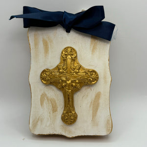 Hand Casted Cross in Gold on 3.5” x 4.5” Wood Slat - CC’s Beauty Bar & Boutique LLC 