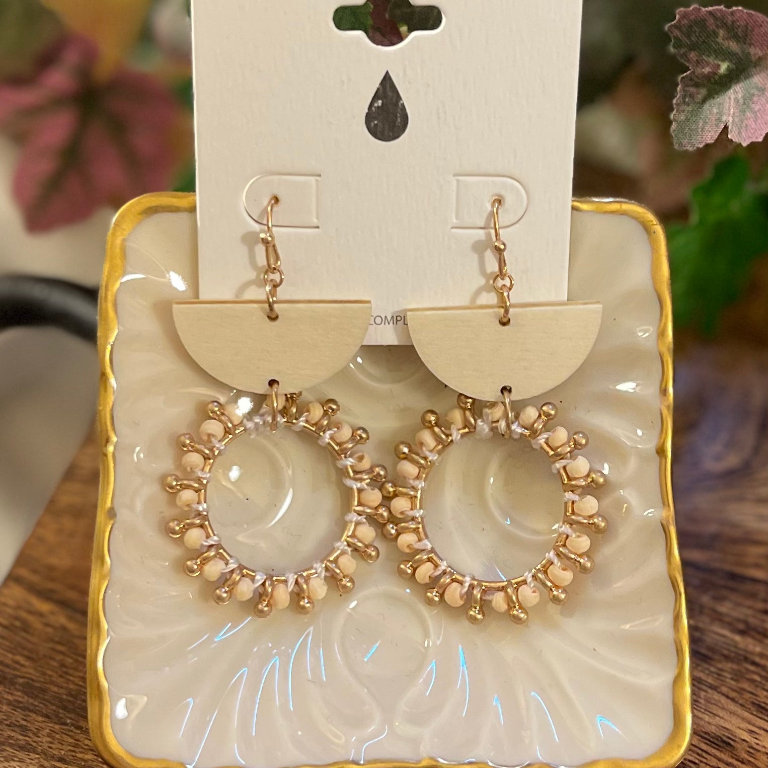 Wood Beaded Hoop Drop Earrings