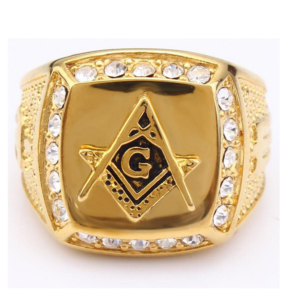 Vintage Masonic Gold Color Men's Crystal Ring