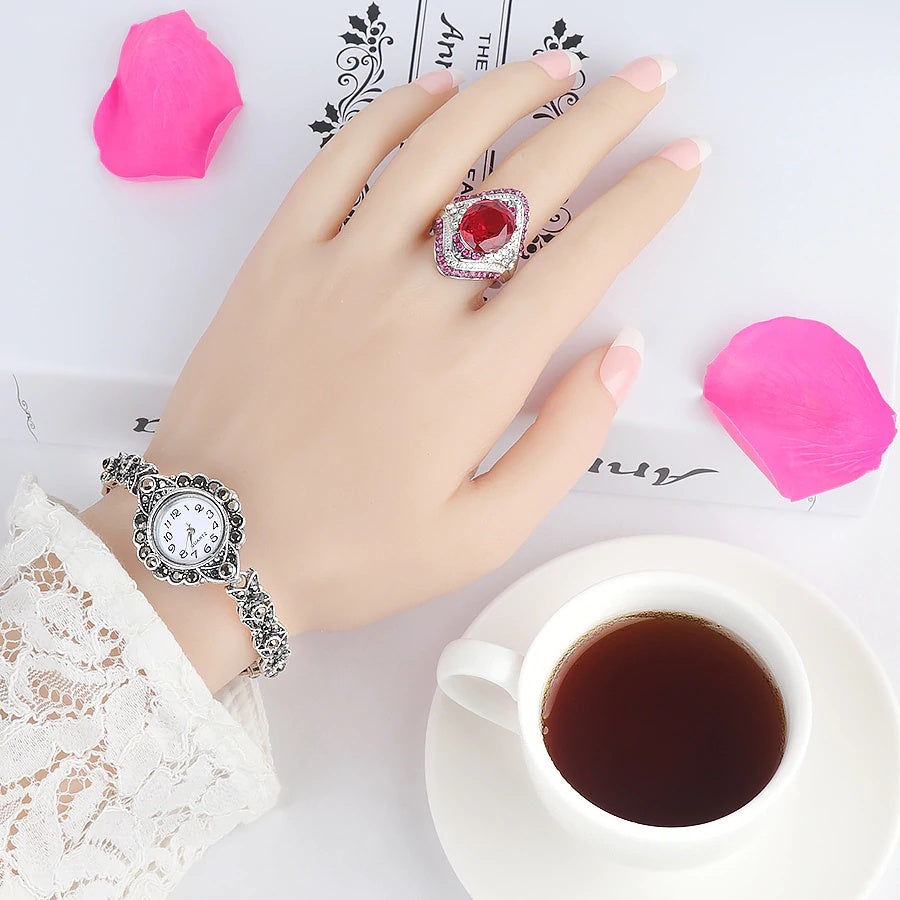 Silver Ring With Ruby Stones and Zircon Crystals