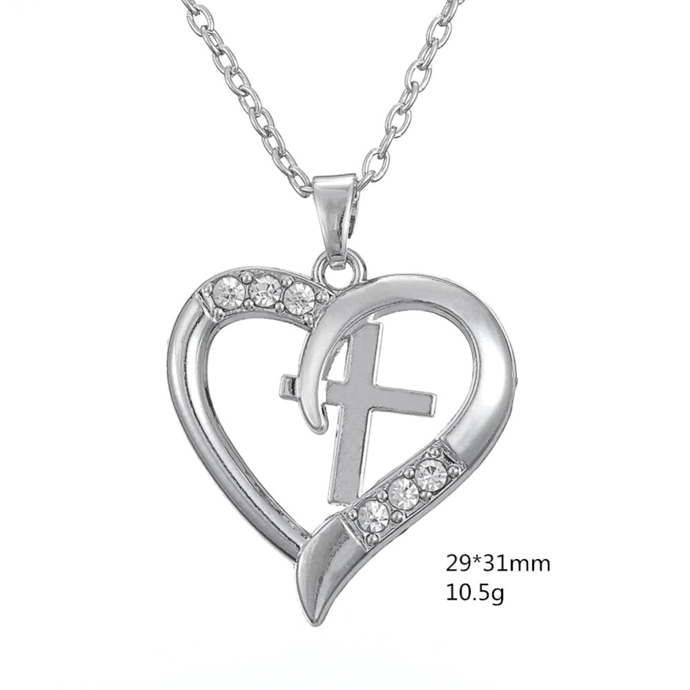 Silver-Plated Cross & Heart Crystal Pendant Women's Necklace
