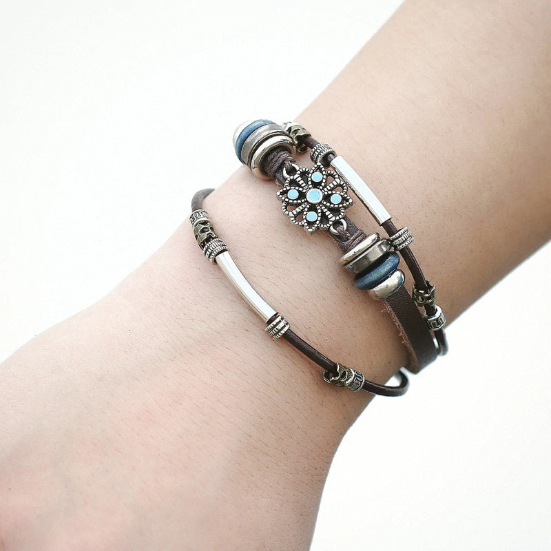 IFME Vintage Punk Multi-Piece Leather Bracelet with Charms and Beads