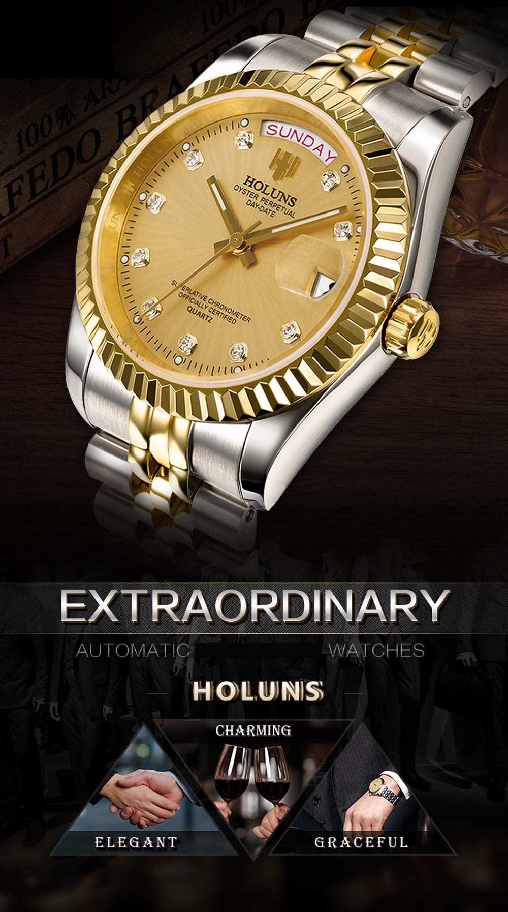 HOLINUS Ghronometer Oyster Perpetual Day-Date Luxury Quartz Watch