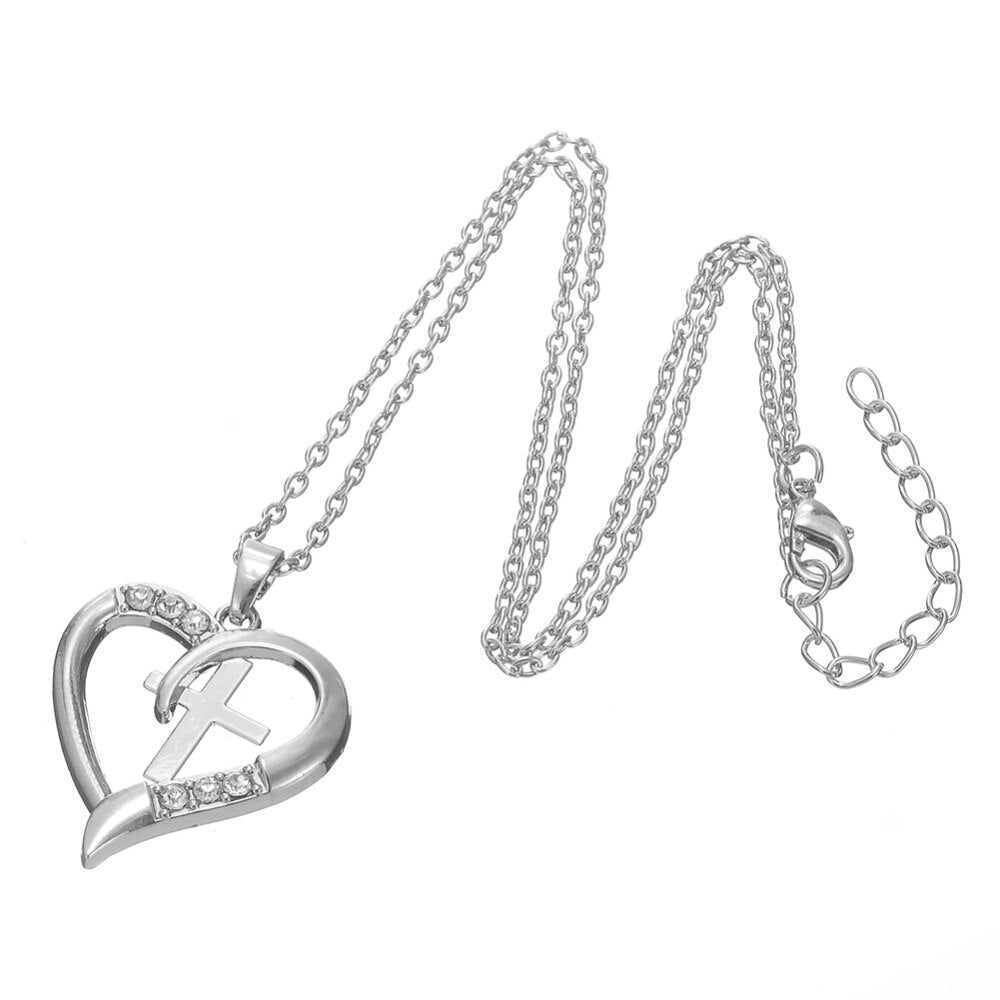 Silver-Plated Cross & Heart Crystal Pendant Women's Necklace