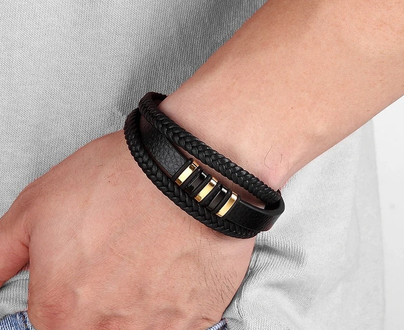 Elegant 3-Layer Black Genuine Leather Bracelet