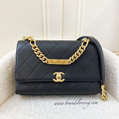 Chanel Flap Bag With Detail Chain Grained Calfskin Black Brushed GHW (