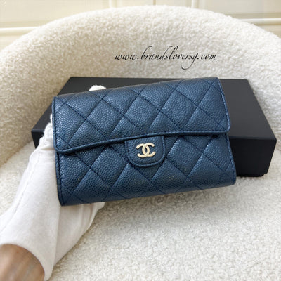 CHANEL Navy Quilted Caviar Small Classic Flap Wallet