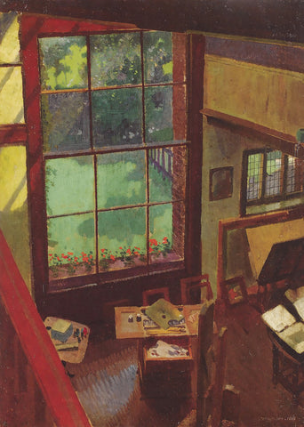 Cecil Stephenson's painting of his own studio, looking down upon the workspace and large sash window with a view to the garden beyond