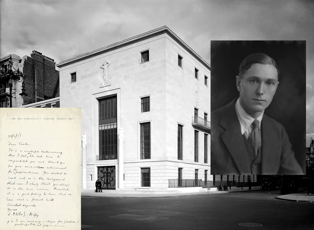 Montage of archival letter, photograph of RIBA building an portrait photograph of Carter