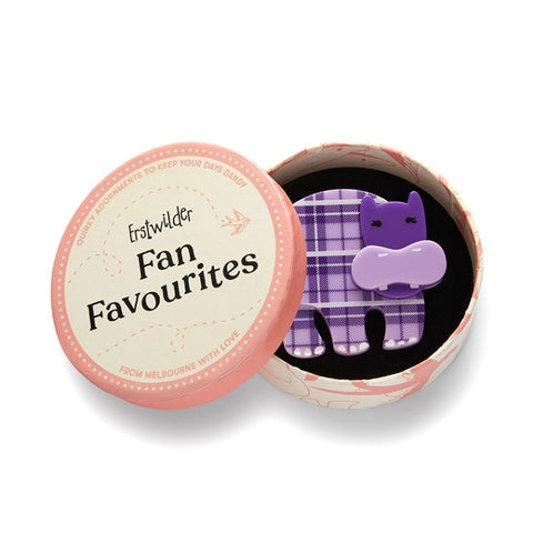 Hilda Hippo Brooch - purple gingham hippo resin brooch