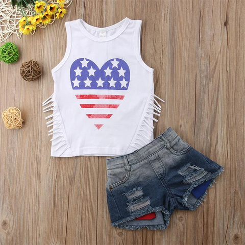 flag fringe tank and denim shorts - cool summer styles for kids