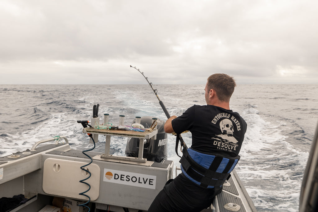 Max fighting marlin hook up #1 but this one got away - wearing the Desolve Skull Island Tee - Black