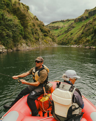 Fishing by kayak, Henry wearing the Drift Wader and Drift Boots.