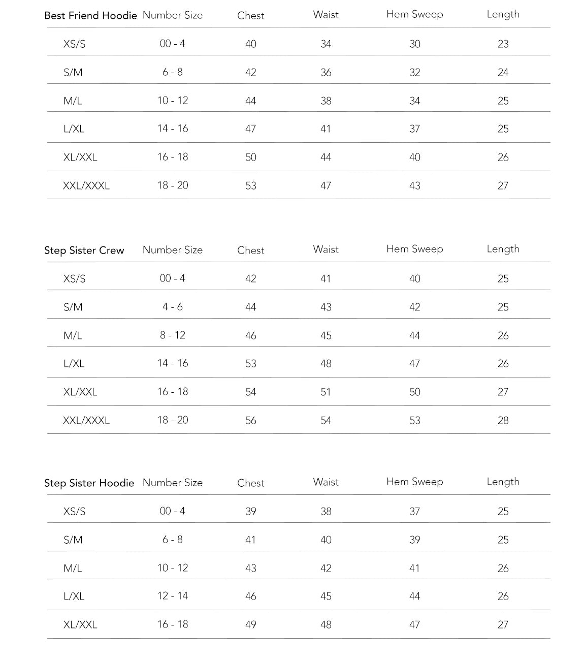 SIZE CHART – BRUNETTE The Label