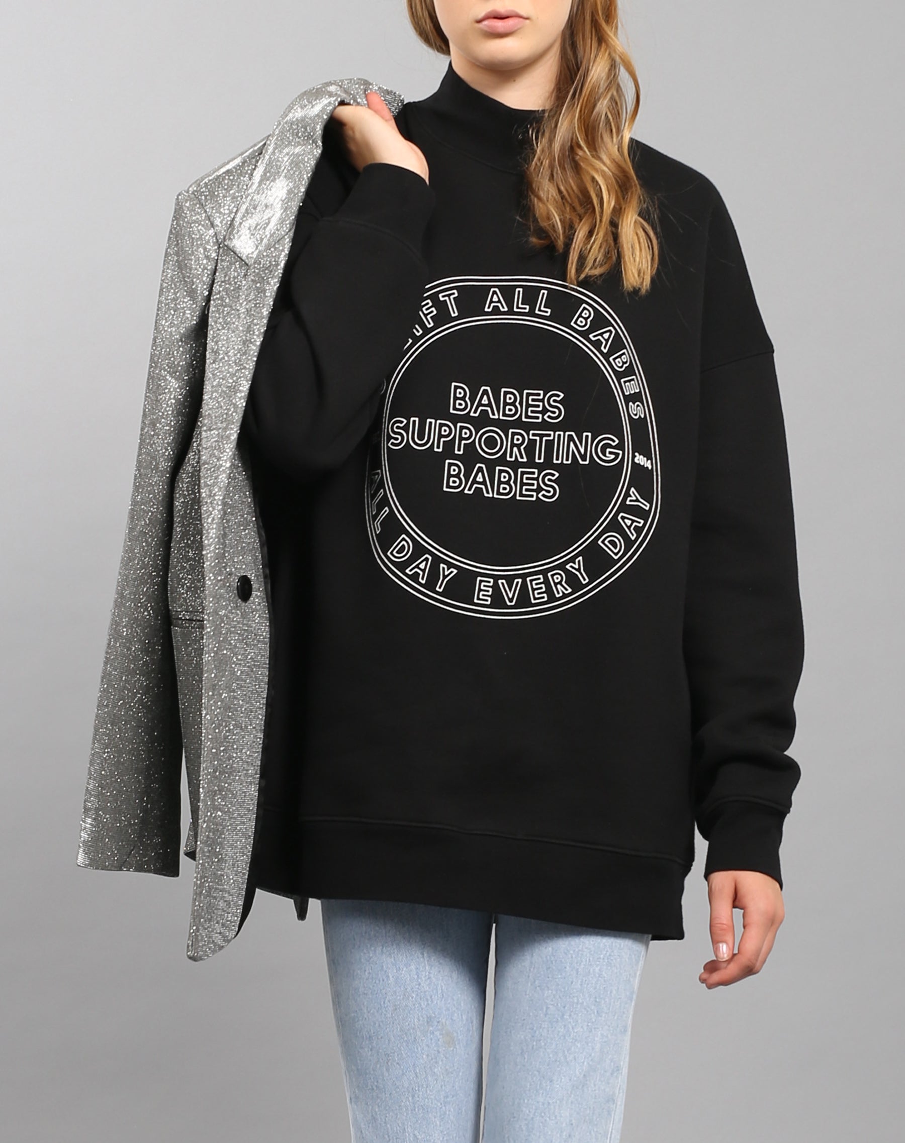 black mock neck sweatshirt