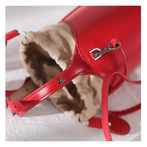 Red Leather Bucket Bag Drawstring Lock Cute Girly Style