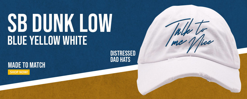 Blue Yellow White Low Dunks Distressed Dad Hats to match Sneakers | Hats to match Blue Yellow White Low Dunks Shoes