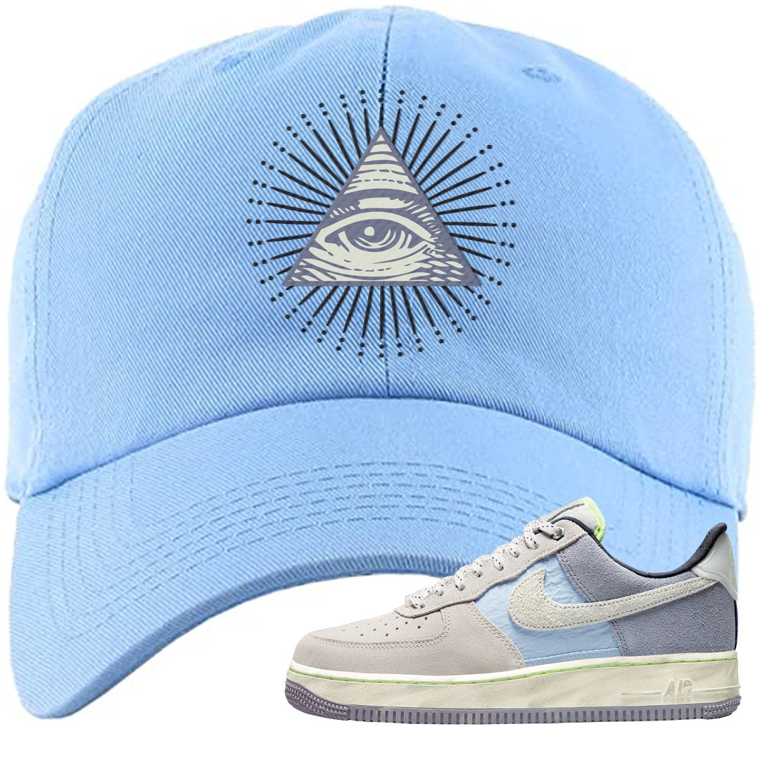 Womens Mountain White Blue AF 1s Dad Hat | All Seeing Eye, Light Blue