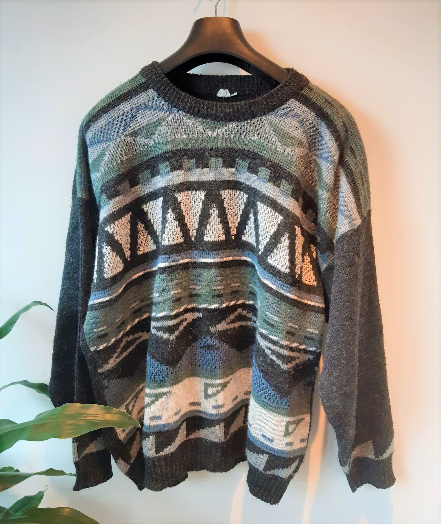 Dark grey unisex vintage jumper with green and white geometric pattern ...