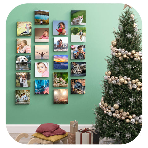 20 infinity photo tiles on wall beside Christmas tree