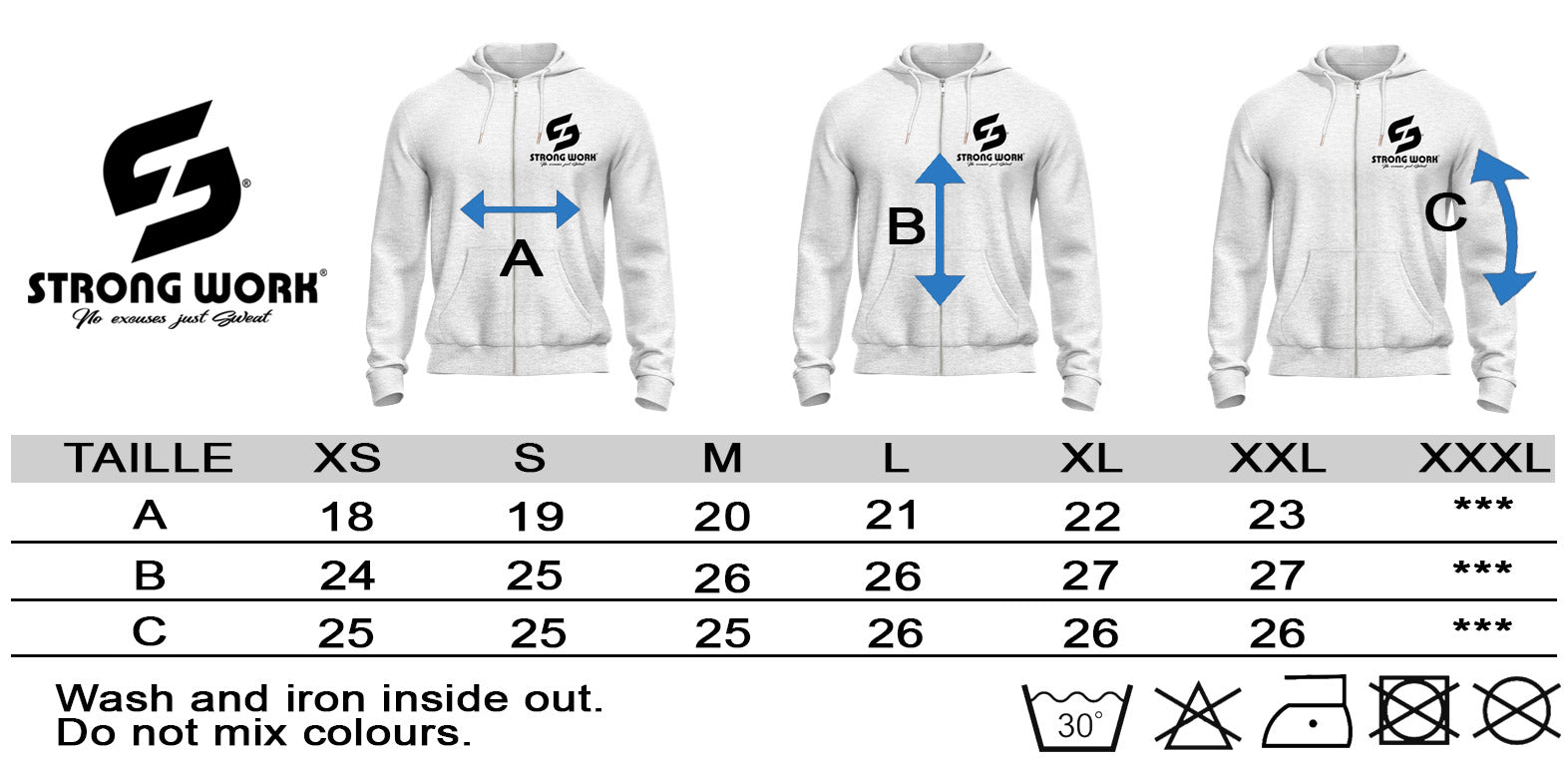 STRONG WORK CLASSIC ZIPPED HOODED SWEATSHIRT FOR WOMEN - SIZE GUIDE