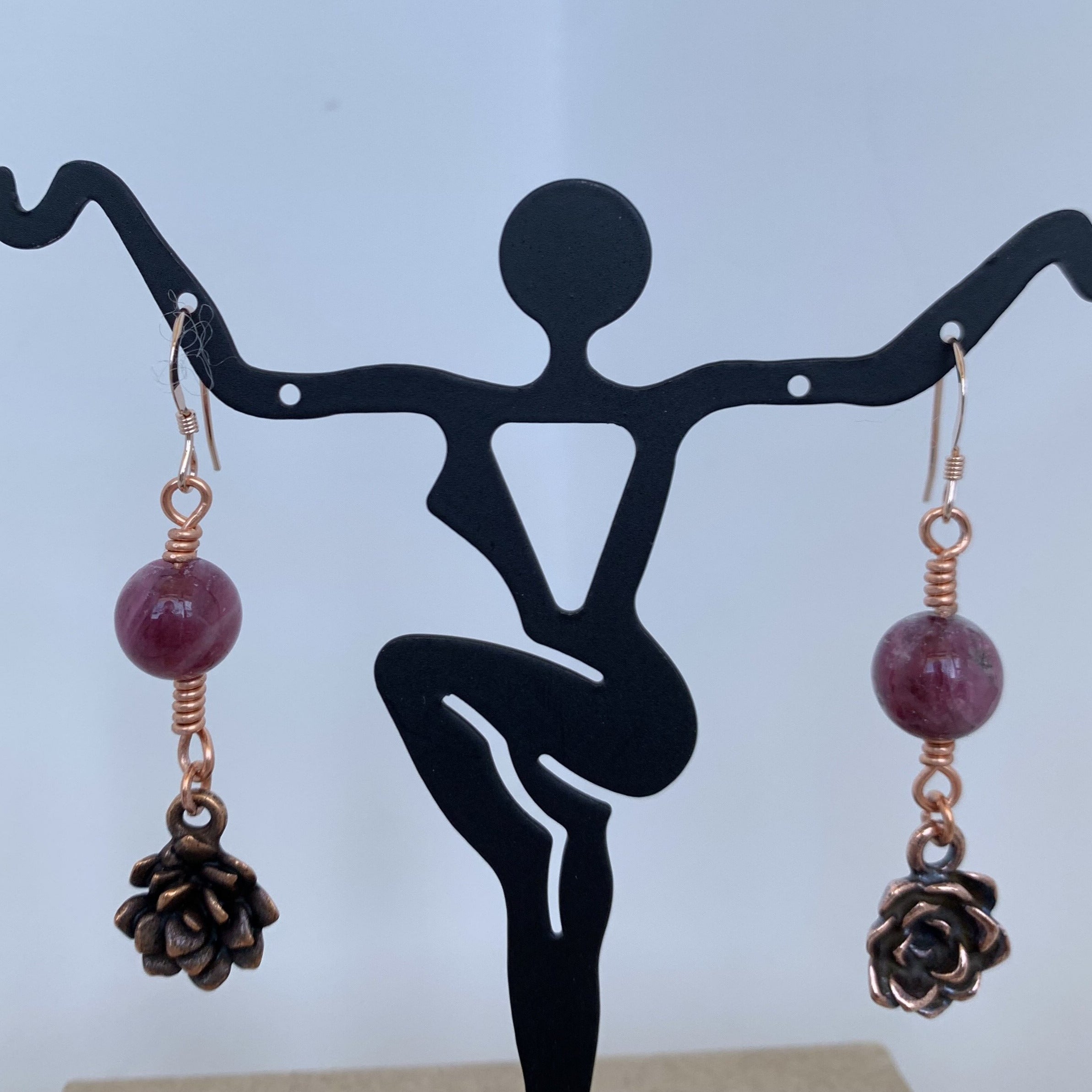  Pink Tourmaline/succulent dangle copper earrings 