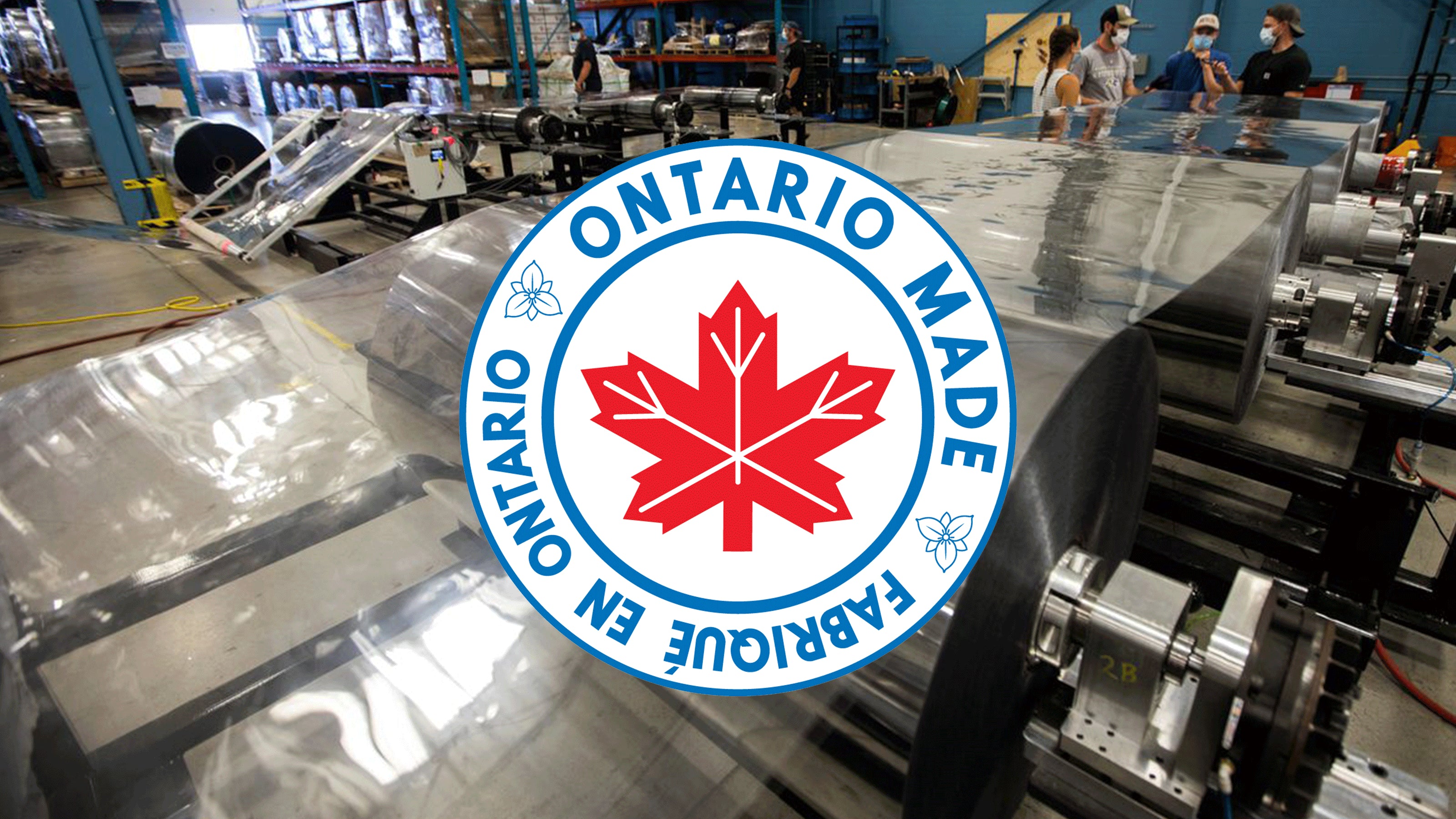 Ontario Made / Fabrique En Ontario logo over top of the plastic sheeting used to make face shields at The Canadian Shield in Waterloo, Ontario.