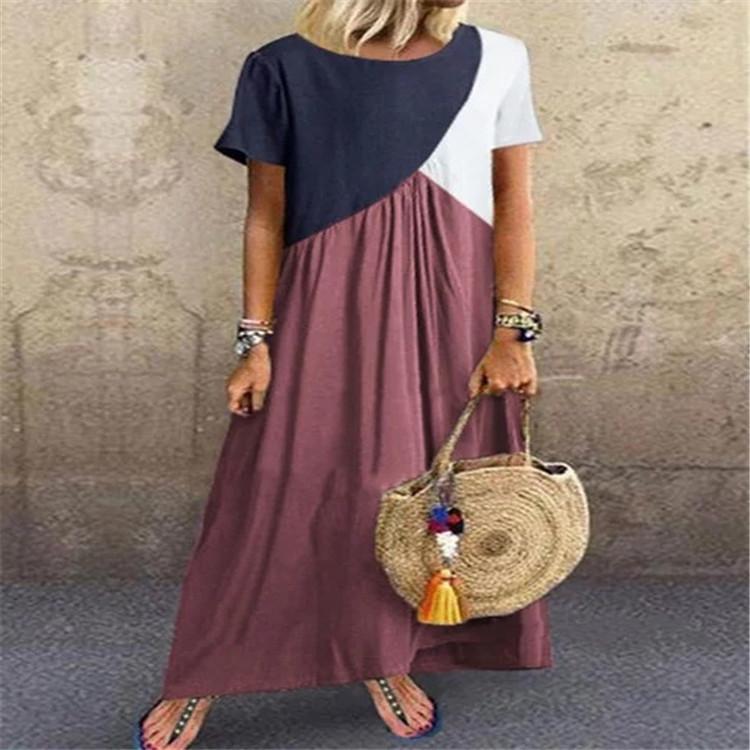 Women Plus Sizes Constract Color Long Dresses-Maxi Dresses-Wine Red-S-Free Shipping at meselling99