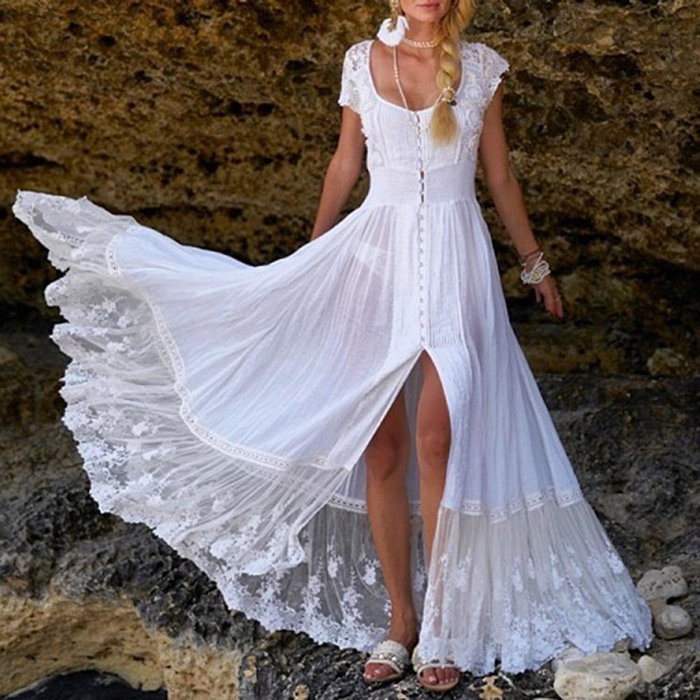 White Summer Short Sleeves Lace Long Dresses – MESELLING99