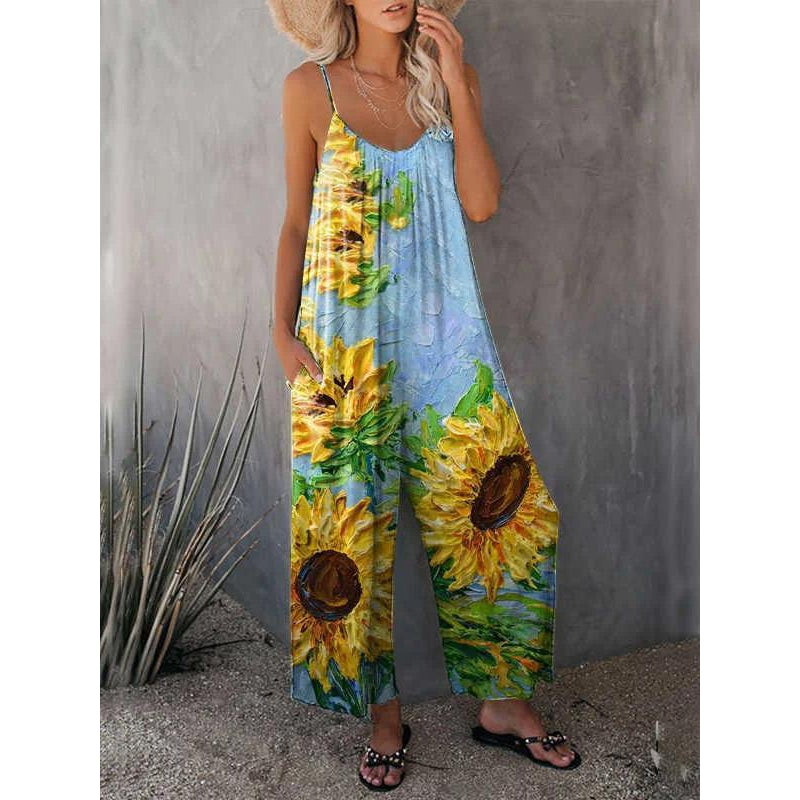 Lovely Fashion Sunflowers Spaghetti Straps Loose Jumpsuits – meselling99