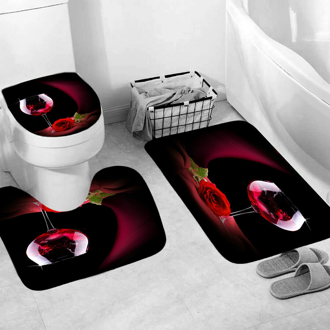 Red Rose Shower Curtain Bathroom Rug Set Bath Mat Non-Slip Toilet Lid ...