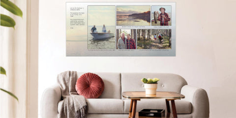 A reminisart wall art collage featuring family photos displayed on the wall of a cozy-looking living room.