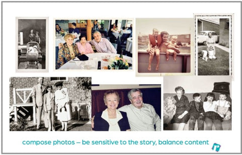 Optimized vintage family photos are arranged in an order sensitive to the storytelling,