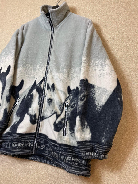 Vintage Wildlife Horses All Over Print Zip-Up 90s Fleece Sweatshirt - XL