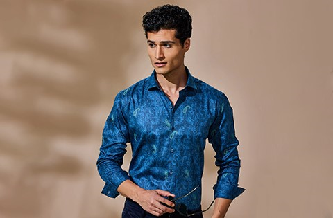 Blue Printed Party Wear Shirt - HOS