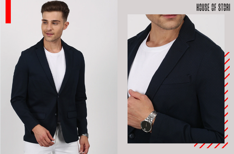 Navy Printed Casual Blazer