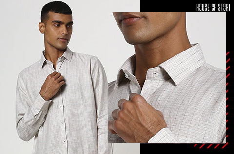 Cream Checked Linen Formal Shirt