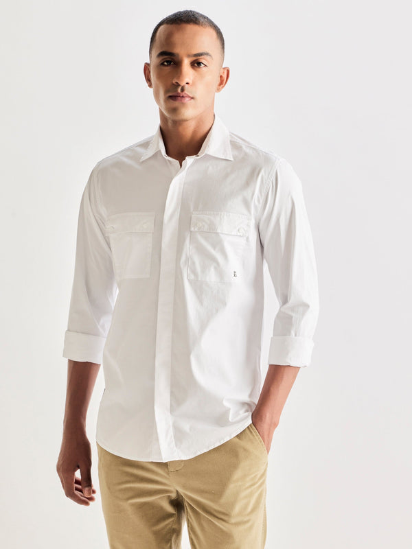 Buy white cargo double pocket twill plain shirt-North Republic