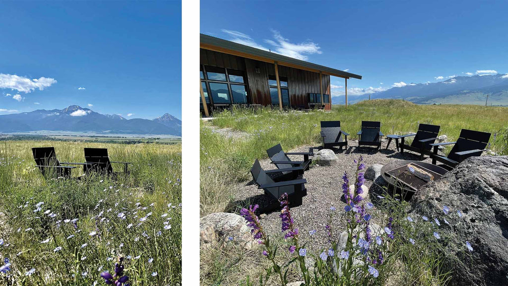Two Images Side by Side: Left Image: Two black lollygagger chairs sitting in a field of grasses and purple wildflowers. Behind them are mountains in the distance and blue skys with some clouds. Right image: six black Lollygagger Chairs around a fire pit. Behind the chairs is a home with wooden siding. in the distance are mountains. The sky is blue with some wispy clouds. 