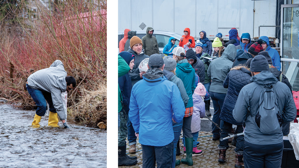 Image Left: A Loll Designs team member pulling trash from Keene Creek, in Duluth, MN. Image Right: Clean Yer Creek Volunteers picking up supplies at the front of Loll HQ in Duluth,MN.
