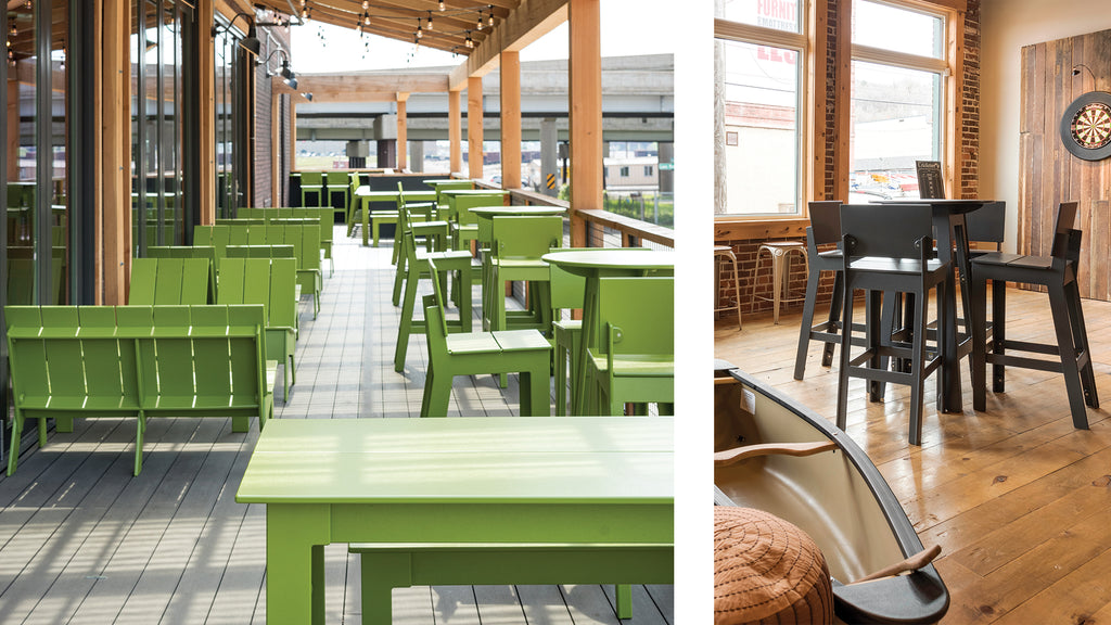 Two images of Bent Paddle. Left image: Leaf Green furniture on Bent Paddles Patio. Right image: Inside the Bent Paddle Tap Room. A black Alfresco Bar set.