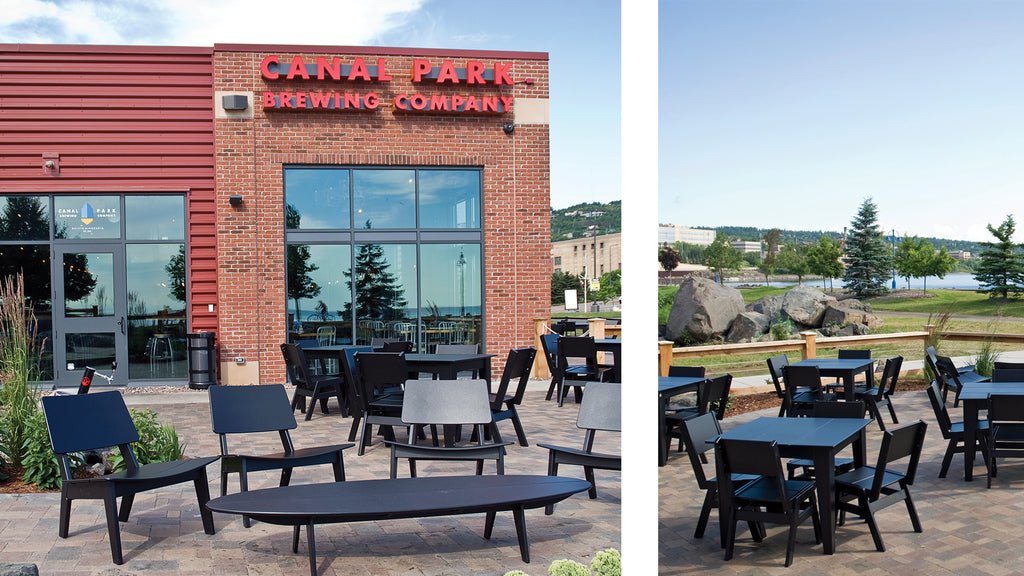 Left Image: View of the Canal Park Brewery's patio featuring Loll Lago Chairs and a Bolinas Cocktail Table. Image Right: View of Canal Park Brewing Patio looking out towards the lake featuring the Alfresco dining table sets in black.