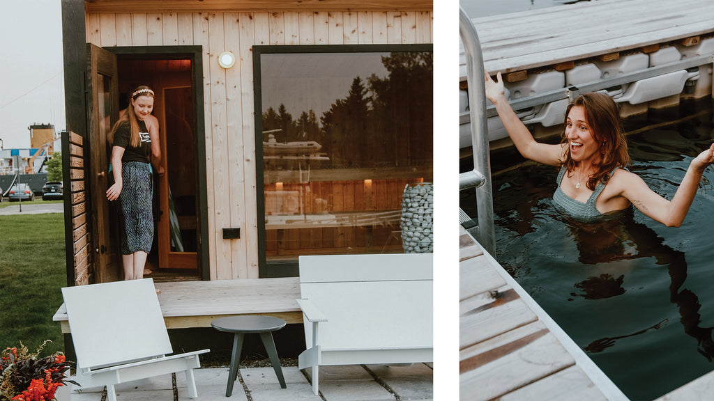 Left Image: A closeup of a Cloud White Tavi Chair in front of the Cedar and Stone Sauna. Right Image: A woman doing a cold plunge at Cedar and Stone.