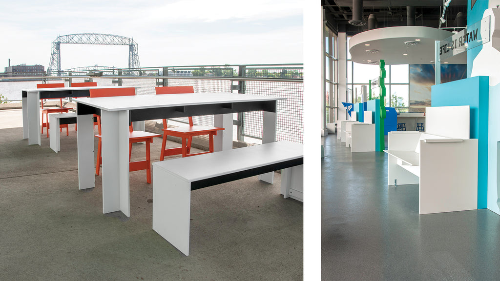 Left Image: White Hall Tables and Benches are paired with Sunset Orange Emin Dining Chairs on the patio of the Great Lakes Aquarium and are looking out towards the lift bridge. Right Image: A closeup of the Lusi Bench in Cloud White next to an inside display at the Great Lakes Aquarium.