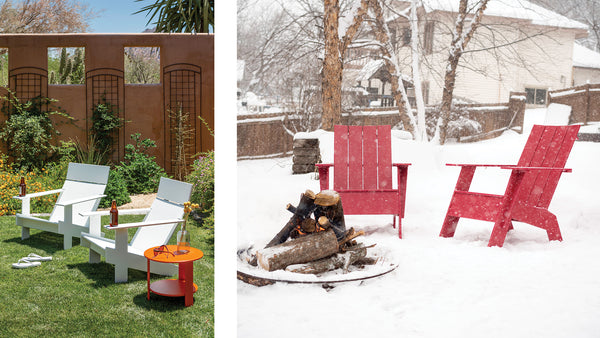 Image Left: Two Lollygagger Lounge Chairs with a side table beside them in a southwest styled backyard. Image Right: Two Adirondack Chairs sitting around a lit fire in the middle of winter.