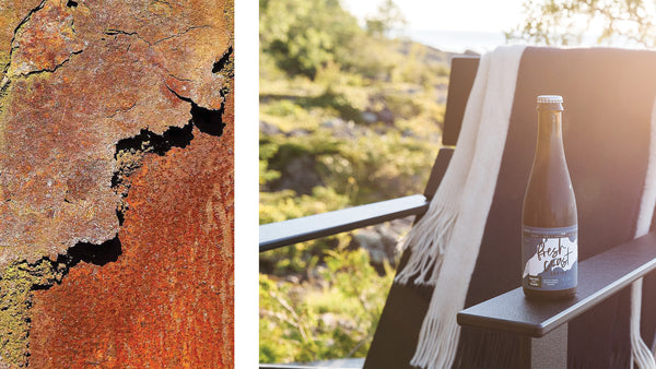 Image Left: A close up of rust on a metal piece of furniture. Image Right: A lollygagger lounge chair that is backlit by the sun. A blanket rests on the back of the chair with a drink on the arm of the chair.