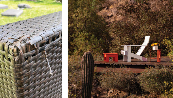 Left Image: Closeup of a wicker chair with damage. Right Image: A Loll Lollygagger Lounge Chair, Side Table and Ottoman sitting on a deck in the desert.