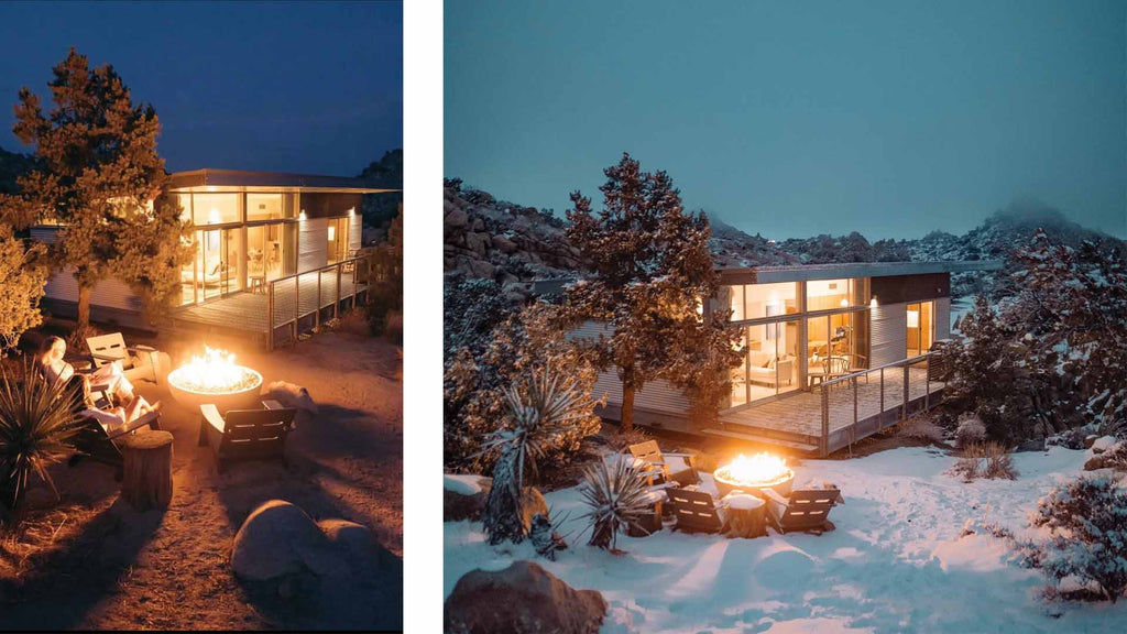 Two Images of the a home in high desert: Left Image: three Cabrio Chairs with one featuring a woman sitting around a fire. It is the evening and the Graham Residence is lit up in the background. Right Image: It is winter and there is snow on the ground at dusk. There are three Cabrio chairs surrounding a lit fire with the Graham Residence in the background.