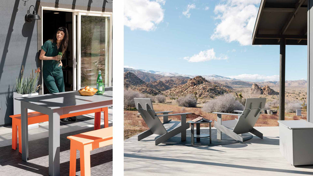 Two images: Left image: features an Alfresco Dining set on a patio with a driftwood grey table and sunset orange benches. there are peaches in a bowl on the table and a green bottle of sparkling water. behind the table a woman in a dark green jumpsuit is walking out of a sliding door onto the patio. Right Image: two driftwood grey Lollygagger Chairs with a charcoal grey side table between them are facing out to look at mountains in the distance. A book is resting face down open on the side table. 